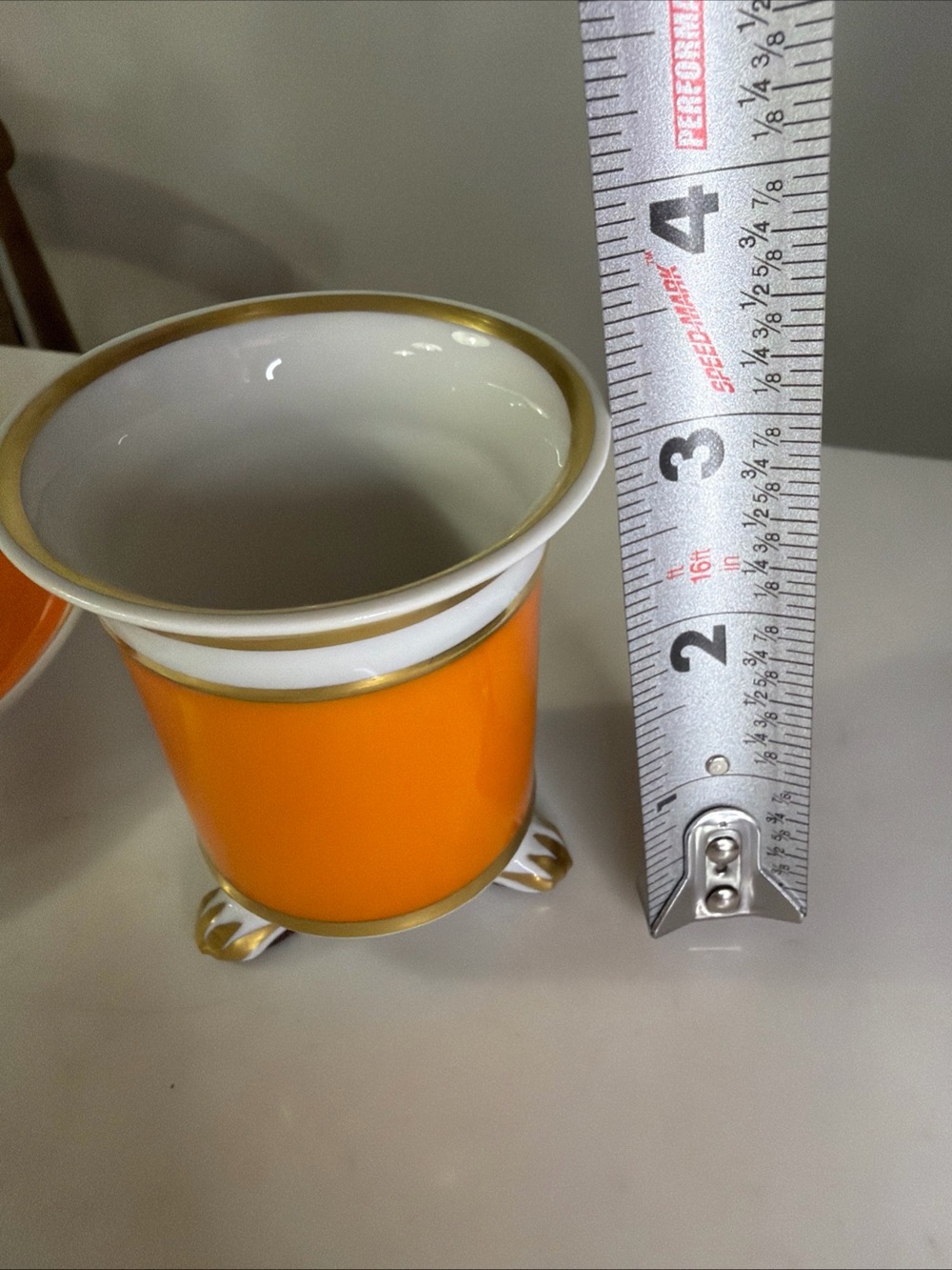 Limoges France 3 legged cup with saucer, orange and gold - Picture 7 of 7